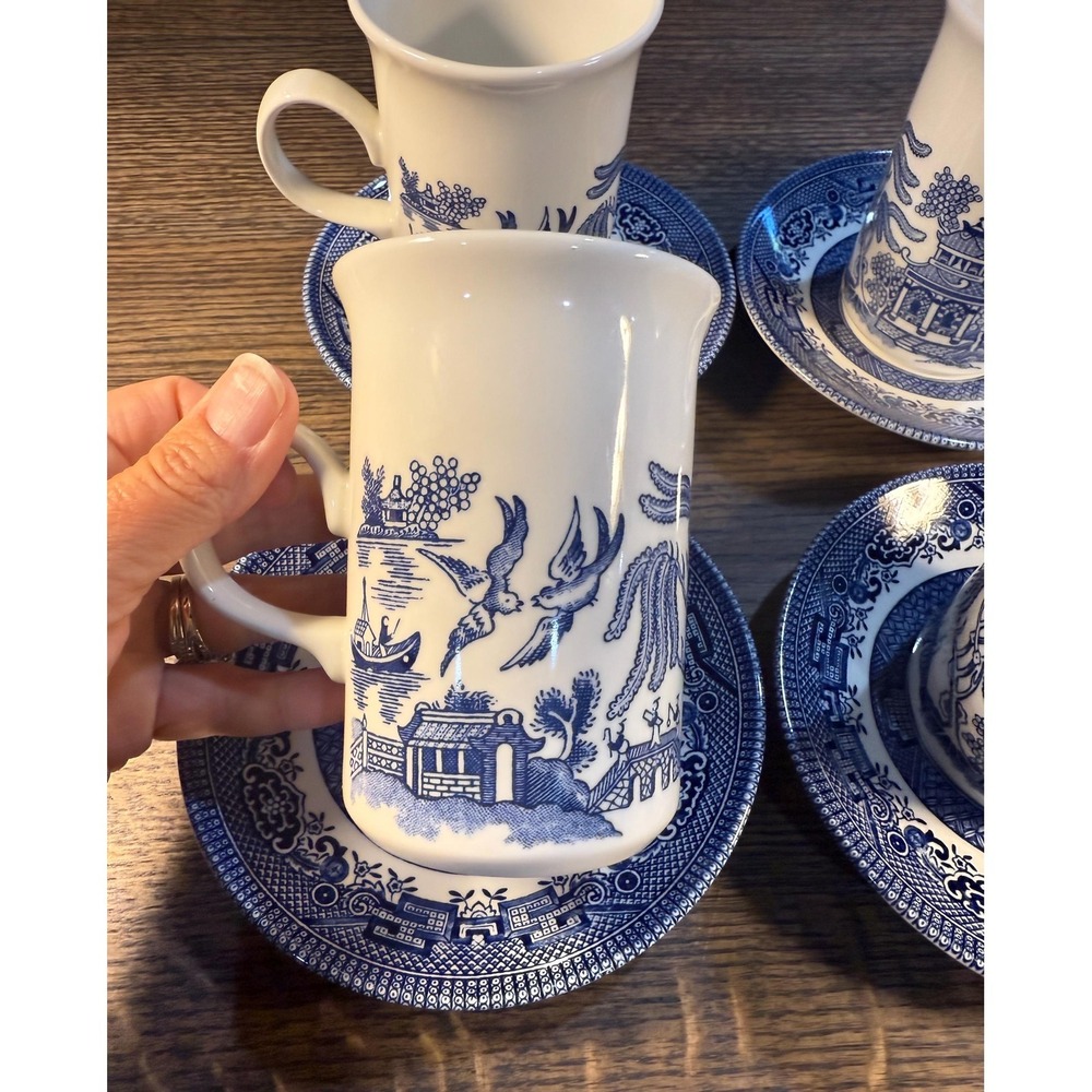 Vintage Churchill Blue Willow Teacup Set: English Transferware Cups and Saucers